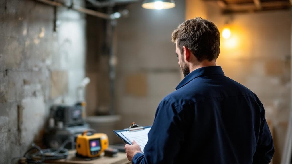 Technician with clipboard performing radon assessment in Cincinnati basement