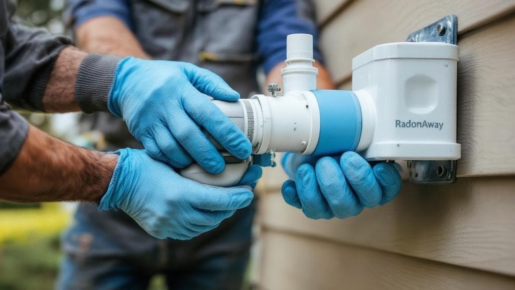 Gloved technician hands installing an inline radon fan