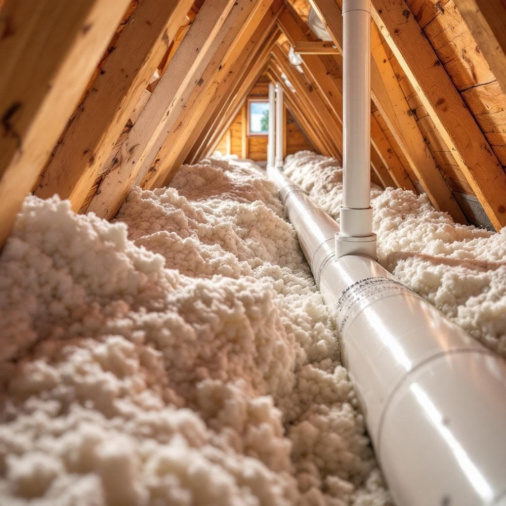 Properly bracketed PVC radon stack routed through a Cincinnati attic chase
