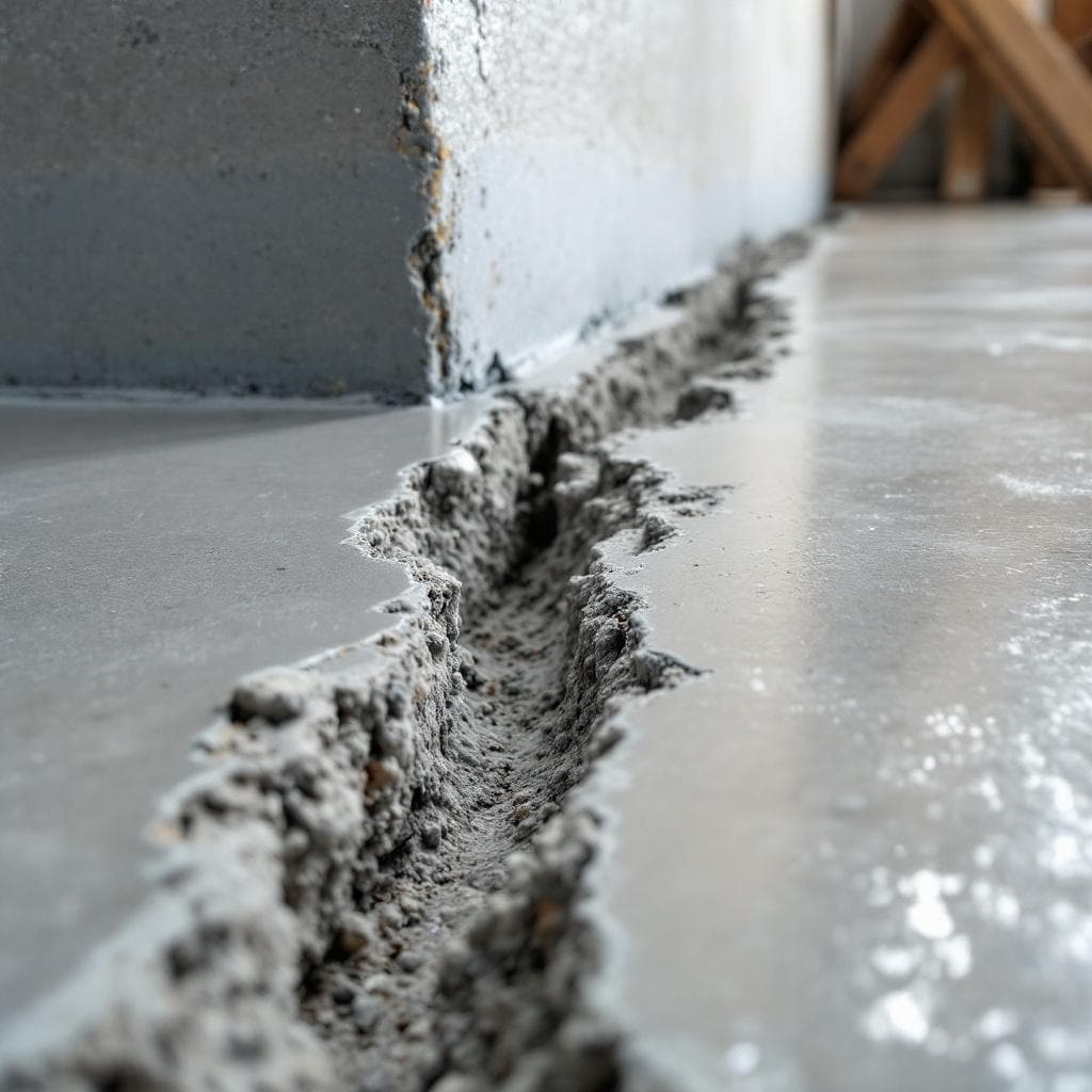 Foundation crack sealed with structural polyurea epoxy as part of a radon mitigation install