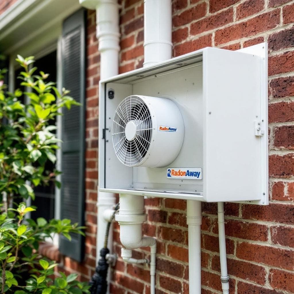 Inline RadonAway RP145 fan mounted in an exterior weather-rated cabinet on a Cincinnati home