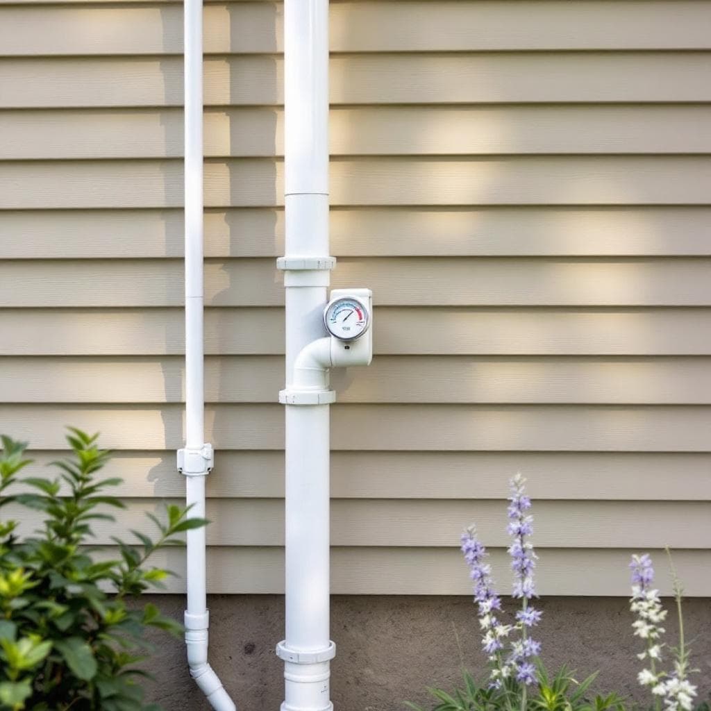Radon mitigation pipe painted to match siding for discreet exterior installation