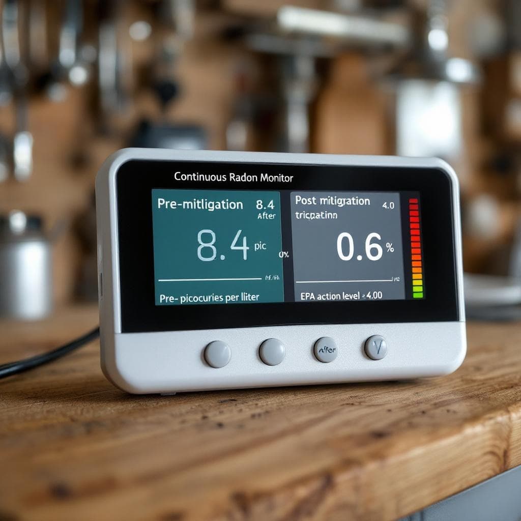 Continuous radon monitor showing pre and post mitigation readings on its digital display