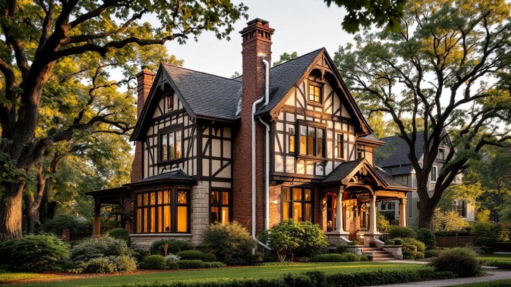 Active sub-slab depressurization radon mitigation system installed on a Cincinnati Tudor revival home, white PVC stack routed up the exterior chimney chase, golden hour lighting