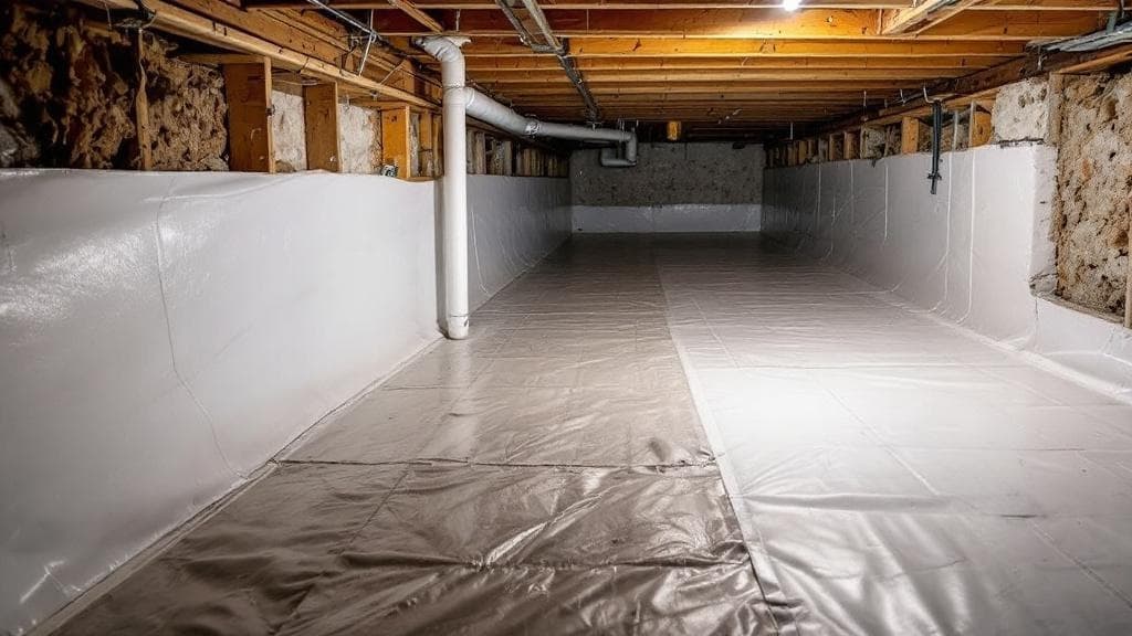 Crawl space radon mitigation with reinforced vapor barrier and sub-membrane depressurization pipe in a Cincinnati home