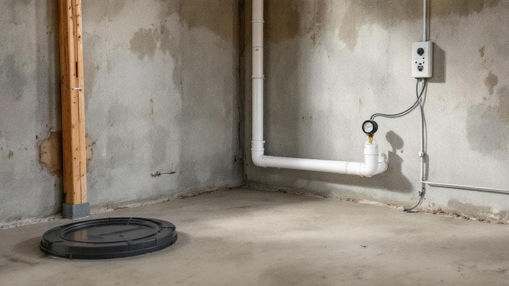 Sub-slab depressurization radon mitigation pipe entering through a Cincinnati basement floor, exposed PVC routing visible